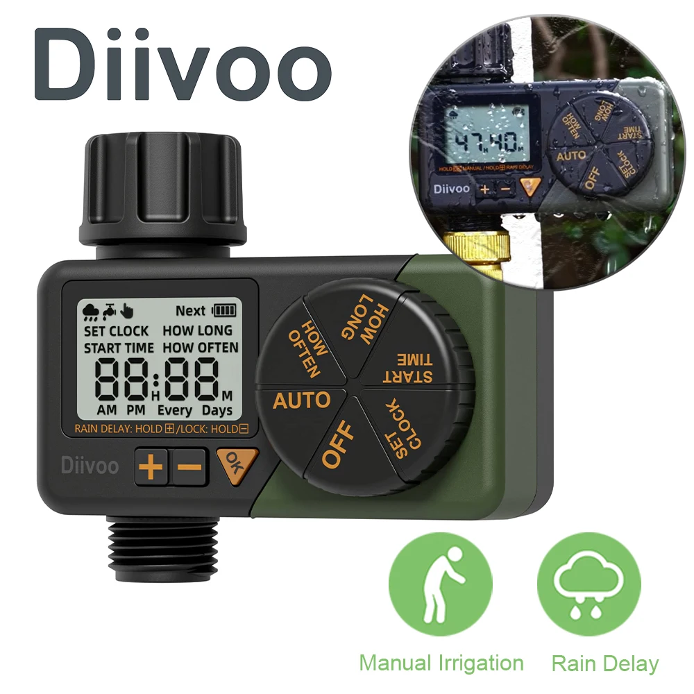 

Diivoo-Automatic Irrigation Water Timer, Programmable Garden Water Sprinkler, Rain Delay, Manual Watering for Lawns