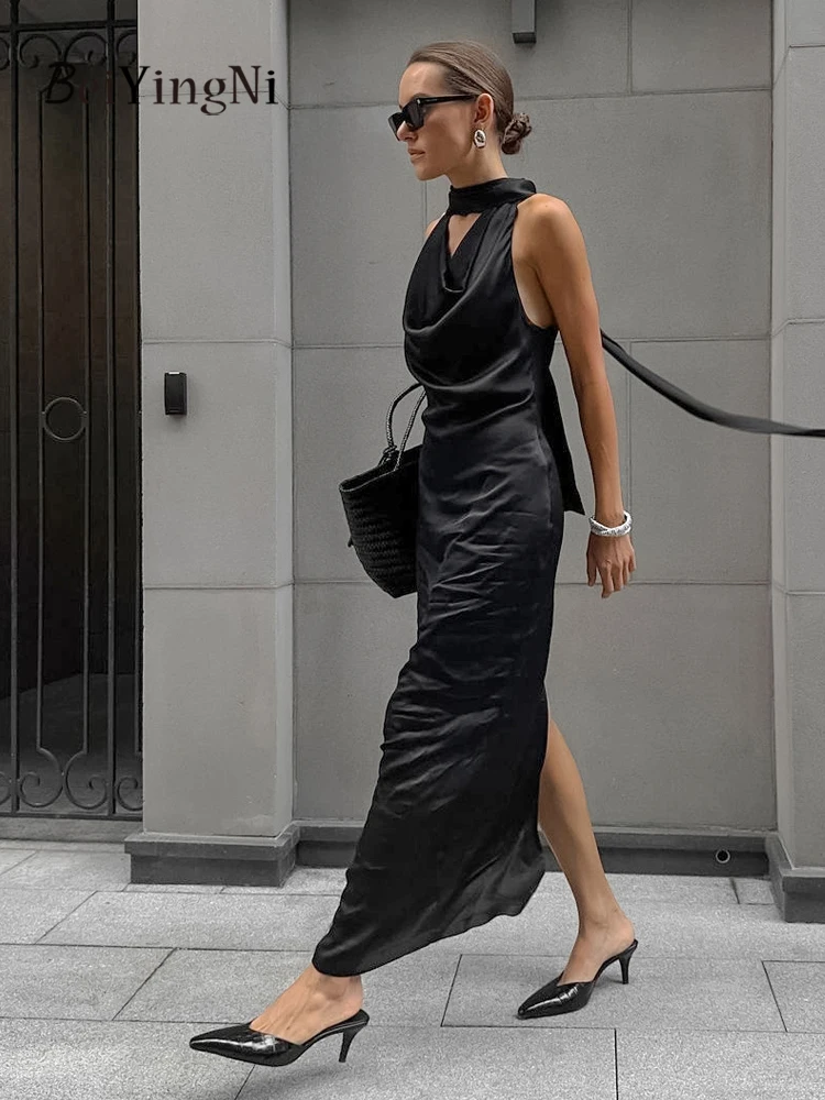 Beiyingni 2025 Elegant High-end Halter Long Dresses for Woman Black Plain Satin Slim Waist Pack Hip Dress Women Sleeveless Robes
