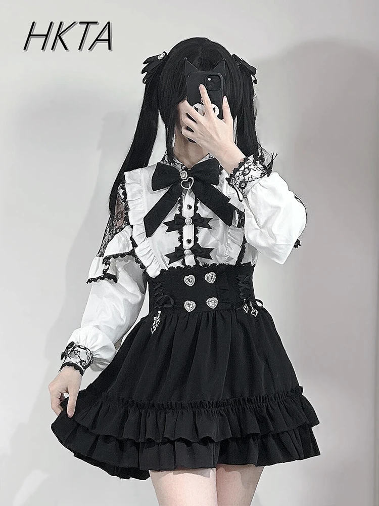 Sistem Pertambangan Jepang Kemeja Blus Lengan Panjang Pita Manis Modis Manis Lolita Rok Hitam Pinggang Tinggi Wanita Set Dua Potong