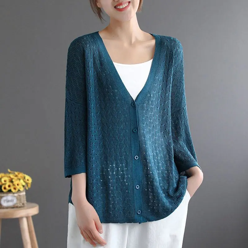Loose Thin Ice Silk Open Cardigan Women's Summer Faion Outerwear V-Ne Versatile Large Size Knitted irt Breathable Sun P...