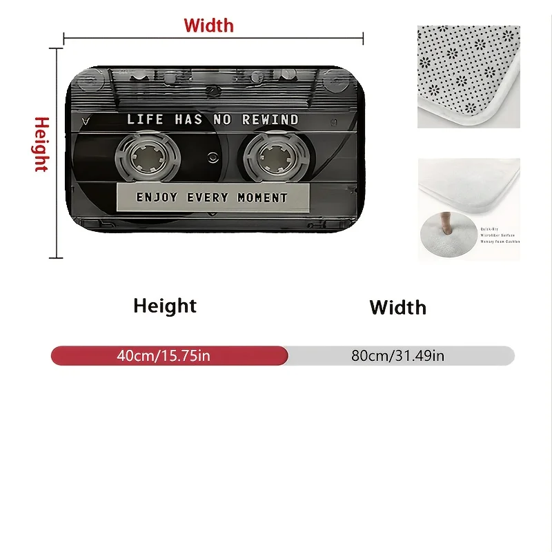 2D Flat Printed 1pc Retro Cassette Tape Floor Mat, Life Has No Rewind Slogan Design, Soft Polyester Non-Slip Rug, Suitable for