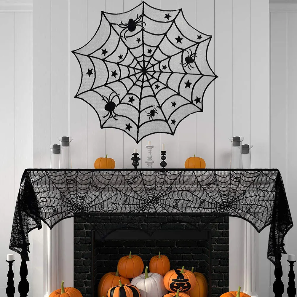 

4Pcs Halloween Spider Web Lace Fireplace Cloth Tablecloth Lampshade Set Black Washable Party Decor Halloween Tablecloth