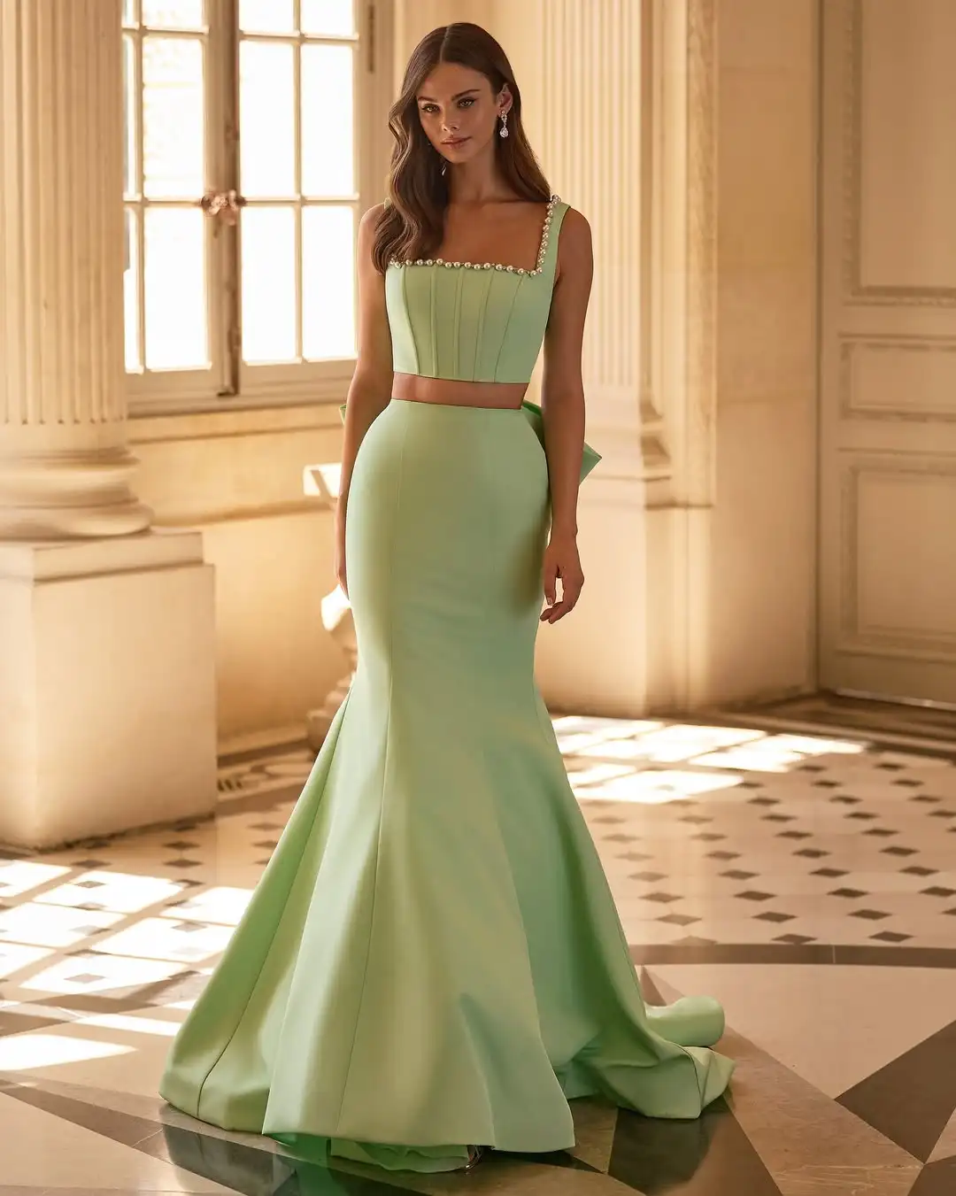 Nuevo diseño elegante perlas espina de pescado corsé Crop Top espalda lazo grande encantador moda sirena noche graduación vestido de fiesta Formal