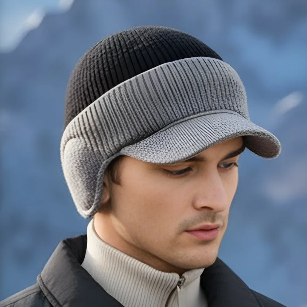 

Fashion Ear Protection Men Knitted Cap Keep Warm Knit Wool Ski Earflap Hat Short Brim Casual Ear Muff Hat Winter
