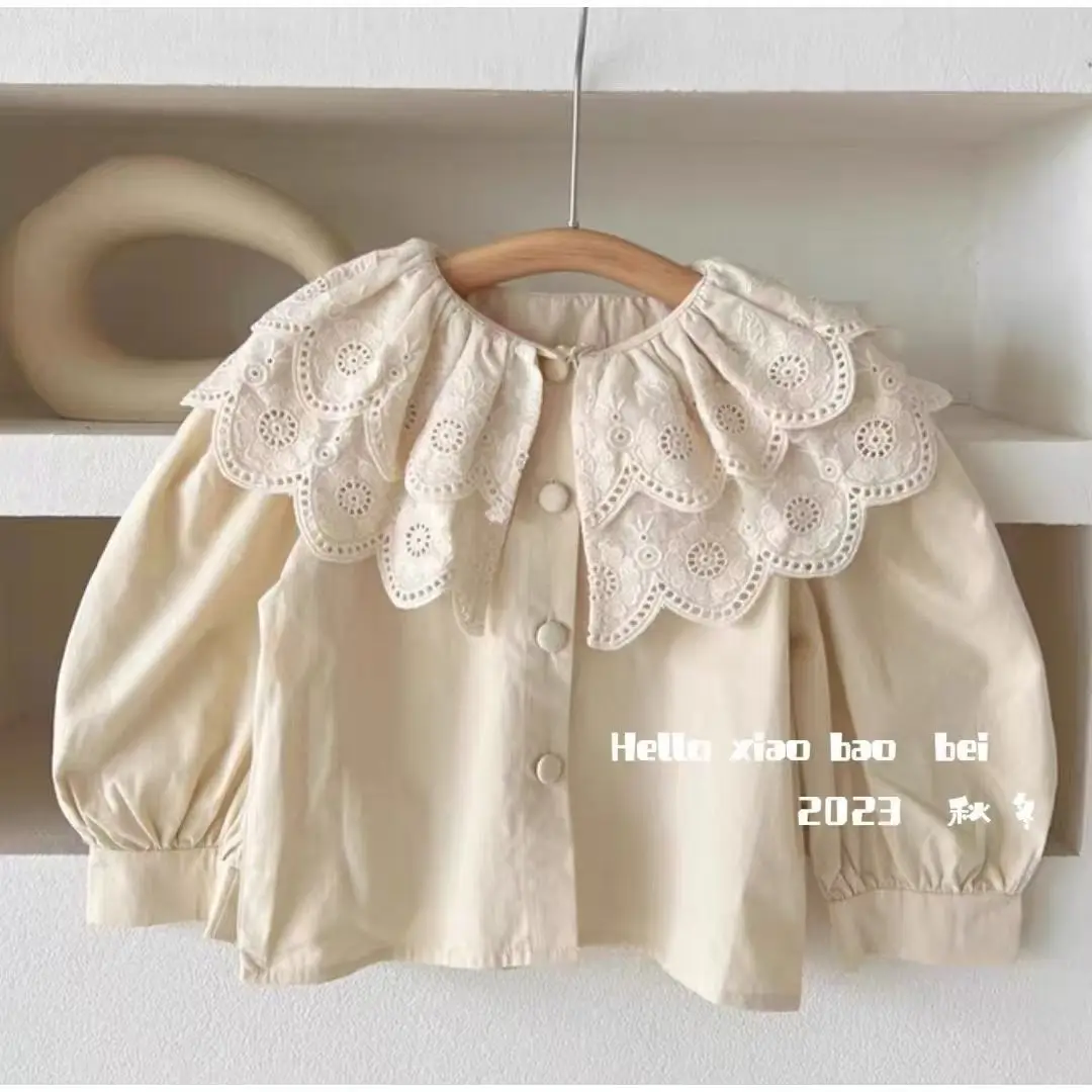 

Girls' Shirt 2025 Autumn New Style Western Sweet Fashion Baby Girl Doll Collar Embroidered Collar Top 90-140CM