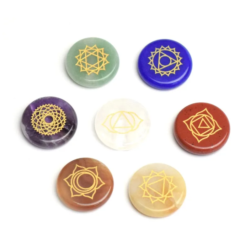 7pcs Small Size Natural Chakra Round Palm Stones Engraved Crystal Reiki Healing Holistic Balancing Chakra Symbols Set