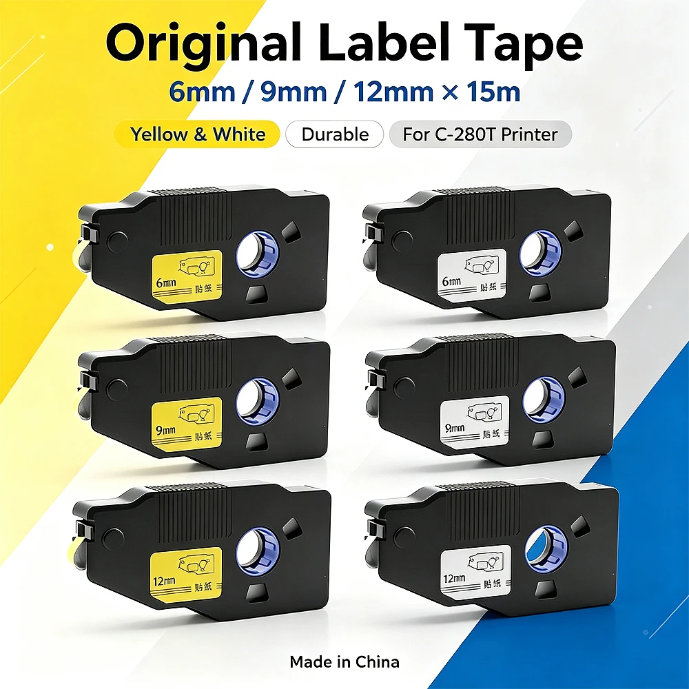 Original Label Tape Cassette For C‑280T Cable Marker Printer, 6mm 9mm 12mm*15m Yellow White Self‑adhesive Label Sticker
