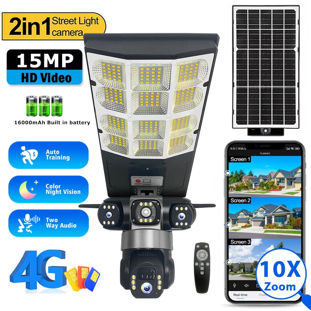 Solar 4G Street Light Camera 15MP 10X Zoom Three Lens Recording Humanoid Tracking Outdoor Camera Lamp Remote Control Waterproof