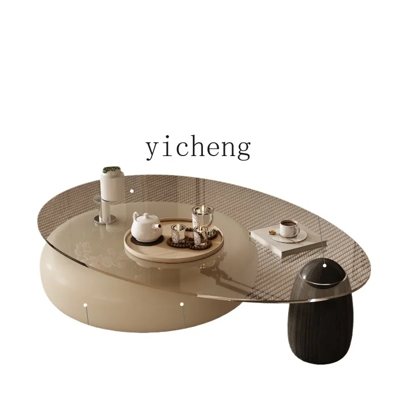 

XL Living Room Cream Style Glass Tea Table Small round Rotating High Sense Home Modern