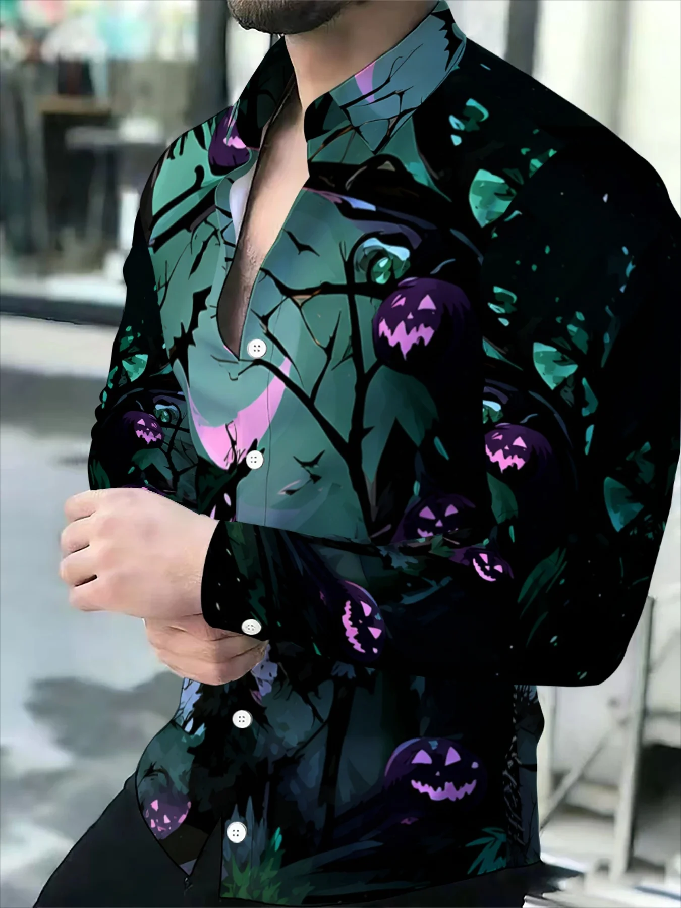 Men Long-Sleeve Button-Down Shirt Black Halloween Glowing Pumpkin Vine Print Polyester Lapel Collar Party Top