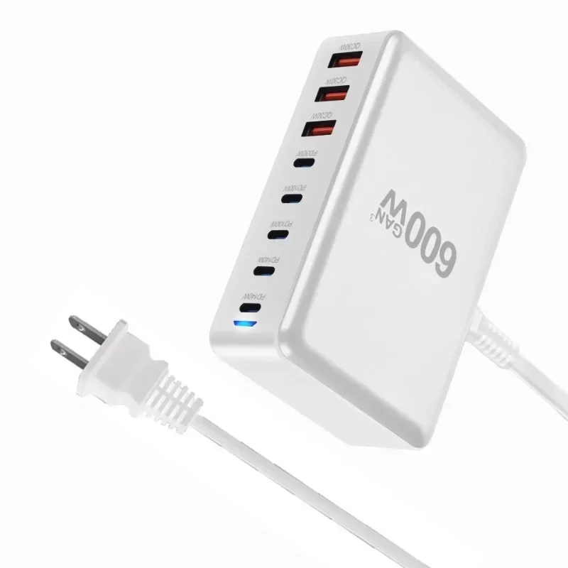 New 600W GaN Fast Charge 3.0 USB-C Charger with 8 Ports 5C3A PD, Portable and Suitable for Tablets