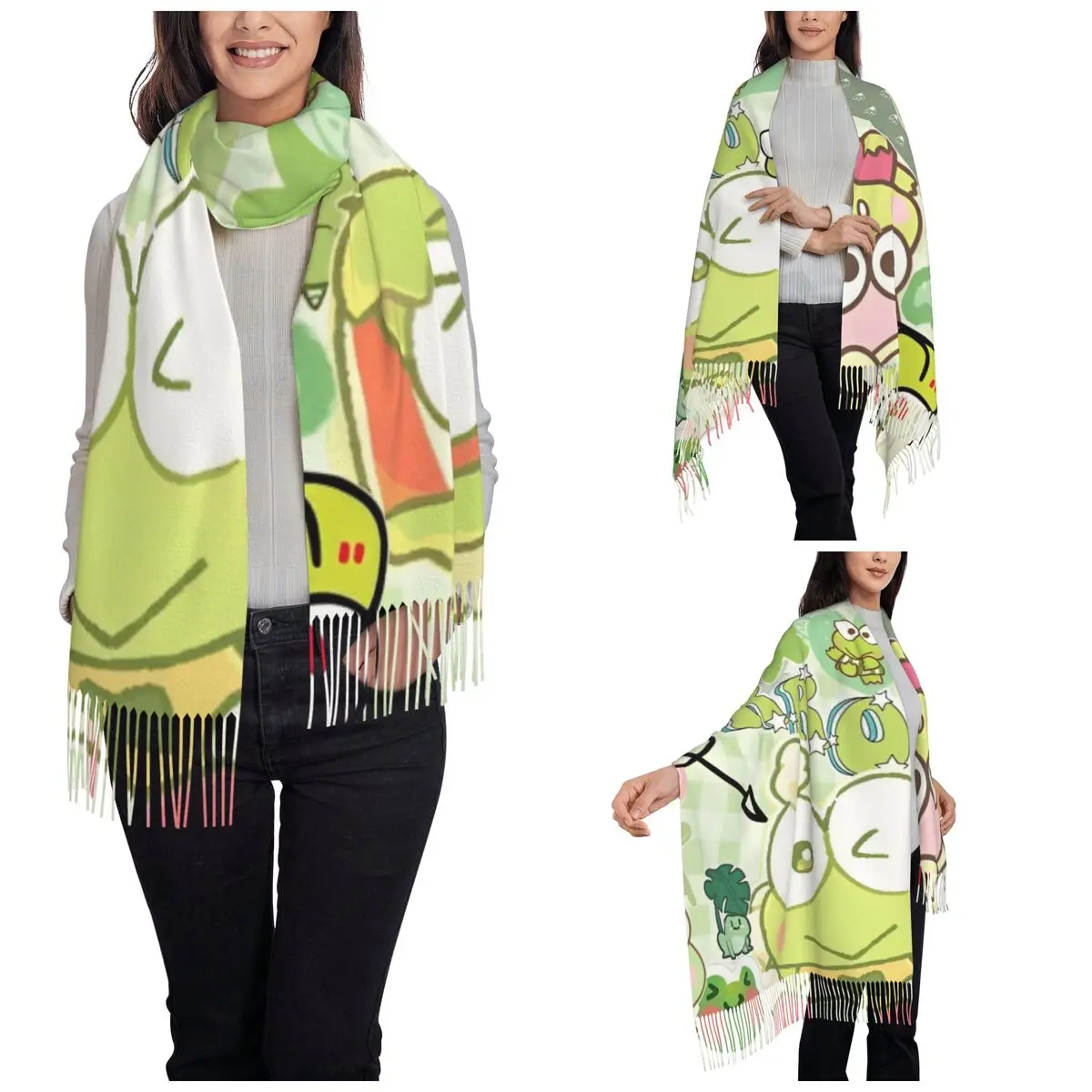 Sanrio Keroppi Frog Shawl Wraps for Womens Warm Large Long Scarf Cartoon Cute Pashmina Shawl Scarves