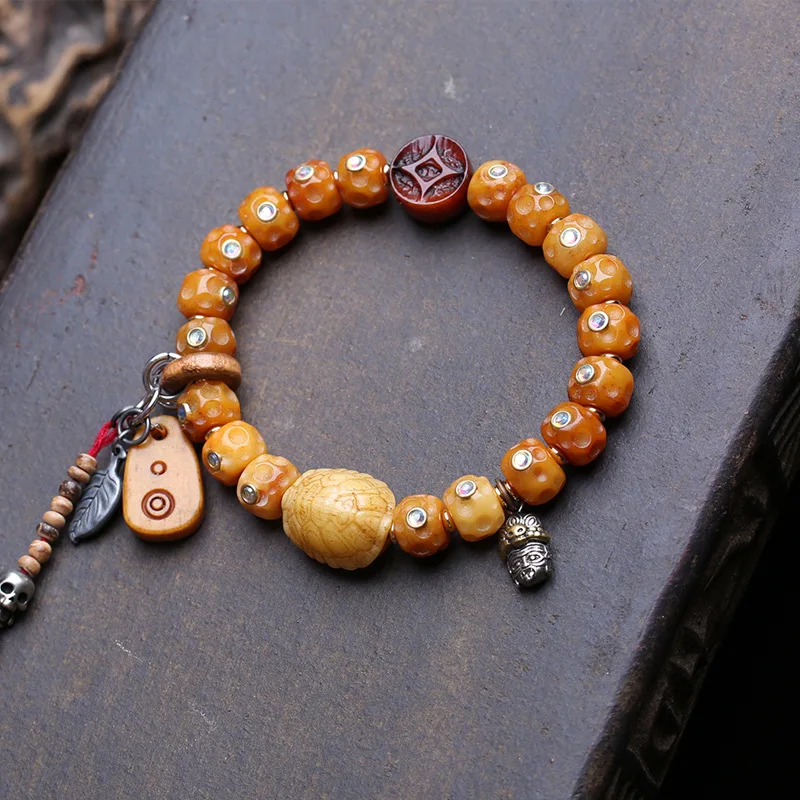 Yak Inlaid Meteorite Crater Beads, Single-Strand Bracelet, Bone, Rich And Luxurious, With Side-Hanging Accessori