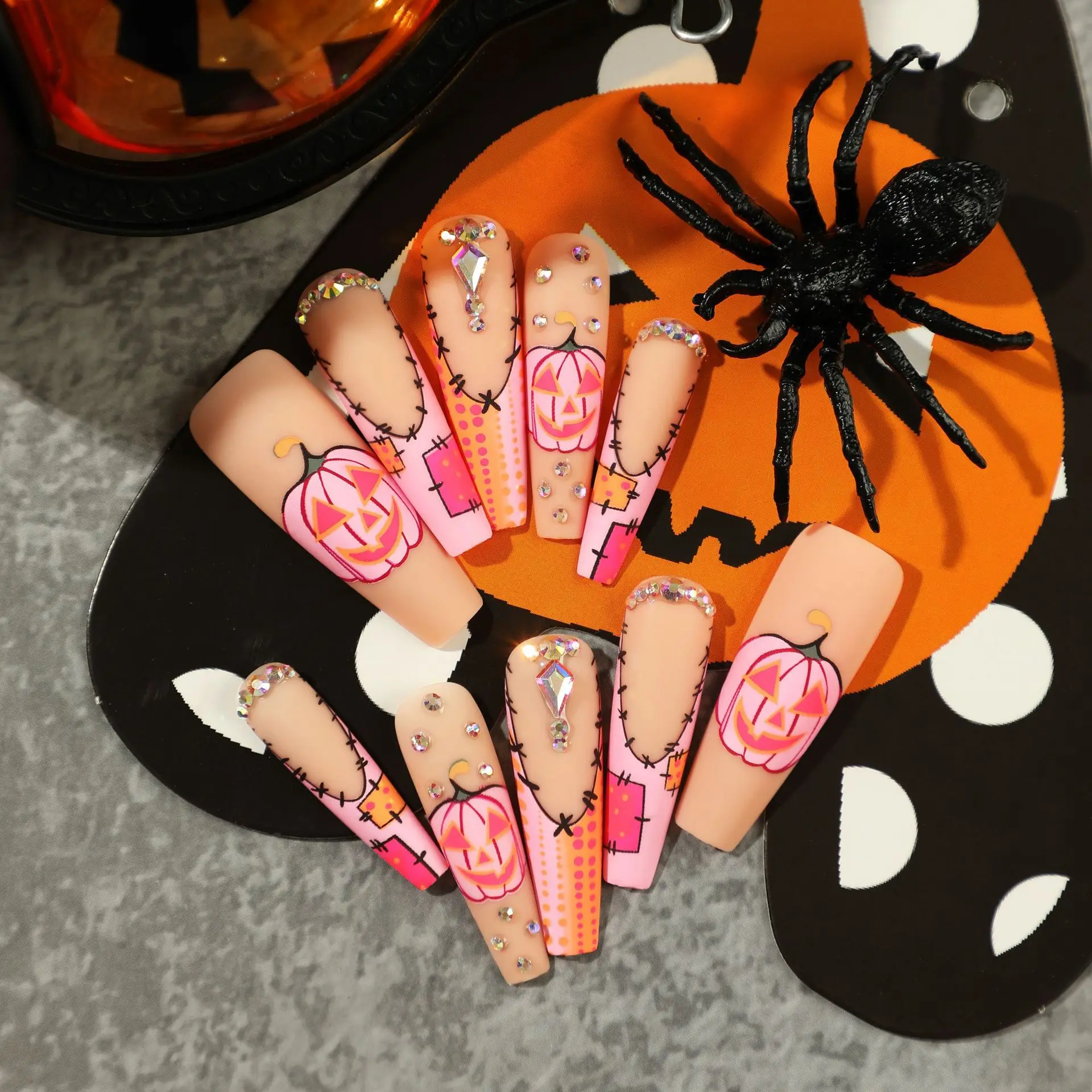 Faux ongles à pression pour Halloween, motif Aliments rose avec biscuits, longs 50 cercueil, 24 pièces/ensemble