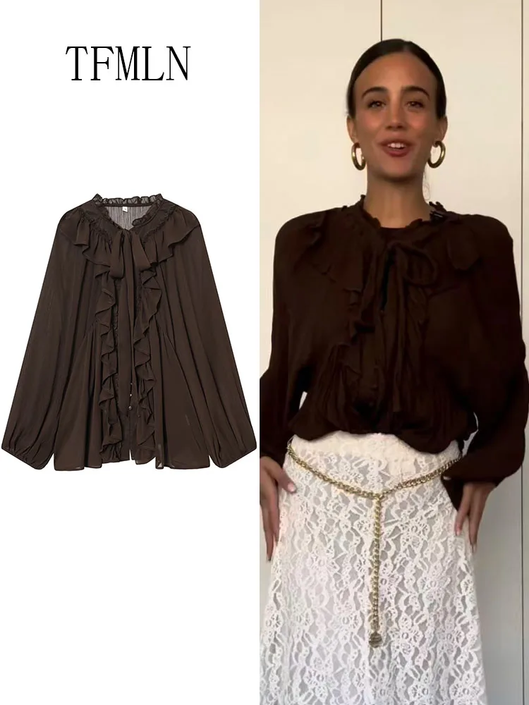 เสื้อเบลาส์ผู้หญิงทรงหลวมแบบมีชั้นสำหรับฤดูใบไม้ผลิ/ฤดูร้อน ปี 2026 ดีไซน์หรูหรา แขนยาว ผ้าบางเบา ติดกระดุมแถวเดียว แต่งระบาย