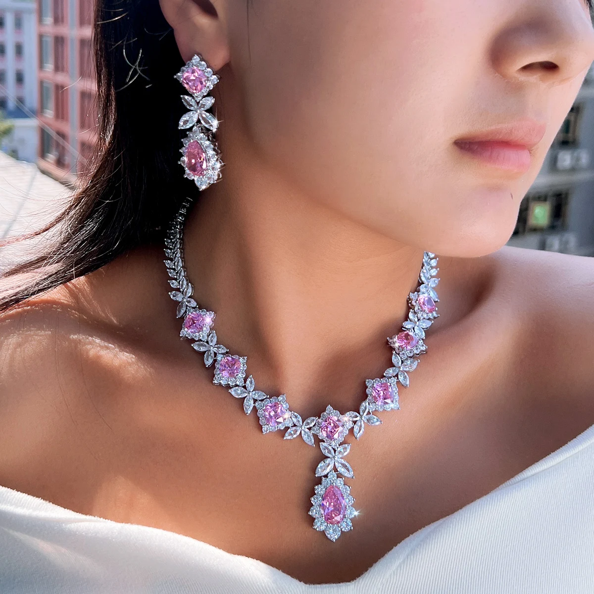 CWWZircons Super Gorgeous Flower Leaf Drop Pink Cubic Zirconia Wedding Bridal Necklace Earring Top Jewelry Sets for Women T0934 view 2