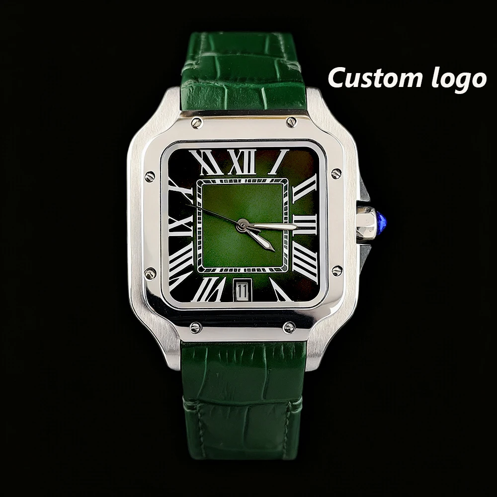 NH35 Santos montre 38mm Logo personnalisé montre montre pour hommes montre en cuir vert NH35 mouvement montre accessoires