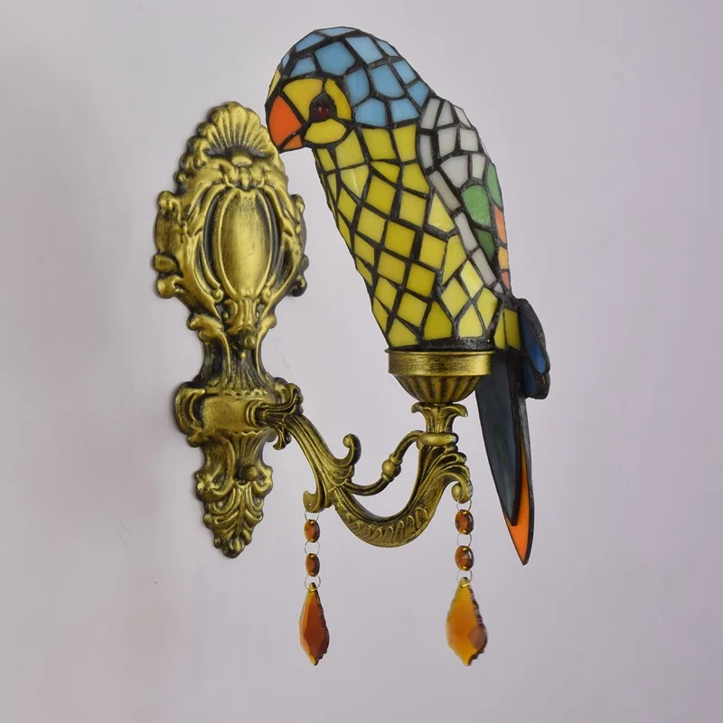 Tiffany Art Deco Handmade Stained Glass Parrot Shape Wall Sconce For Bedroom Living Room Hallway