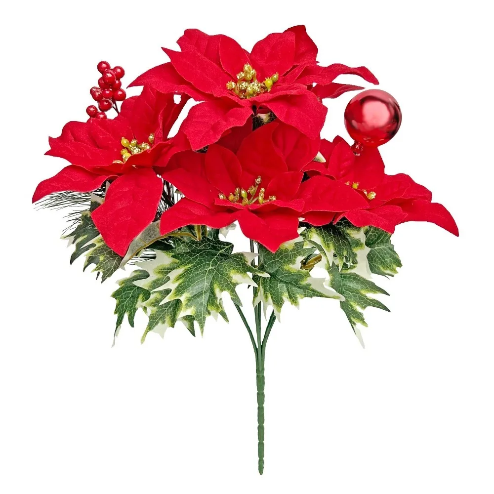 7 Heads Artificial Christmas Poinsettia Bouquet, Faux Red Poinsettia with Berries Ball Ornaments for Xmas Vase Wreath Decor view 3