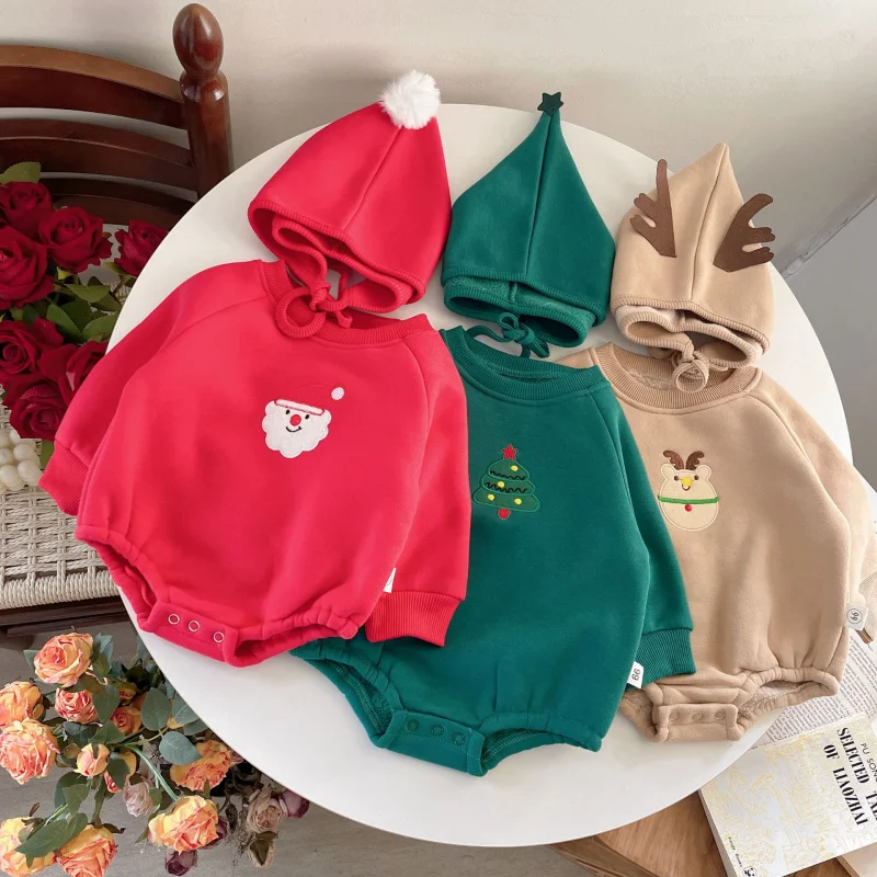 Zestaw ubranek dziecięcych dla dziewczynek i chłopców, ubrania z długim rękawem dla niemowląt i dzieci, świąteczny pajacyk typu haremki do raczkowania + spodnie + czapka, 3-częściowy komplet