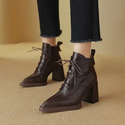 NEW Autumn Women Boots Genuine Leather Shoes for Women Pointed Toe Chunky Heel Shoes Lace-up Short Boots High Heel Modern Boots