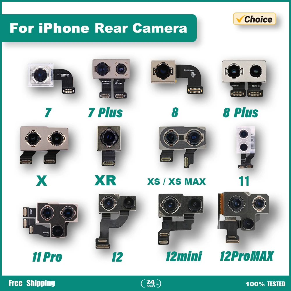 Rear Camera For iPhone 7 7Plus 8 8Plus Back Camera Rear Main Lens Flex Cable Camera For iphone X XR XSMAX 11 11PRO 12 Camera