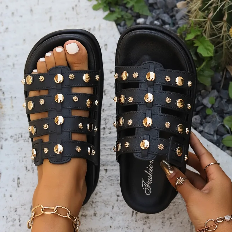 Women's Platform Sandals Summer New Round Head Rivet Hollowed Out Soft Bottom Flat Flip-flops