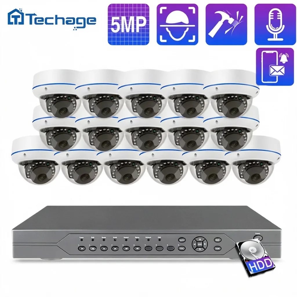 

Techage 16CH 5MP PoE CCTV System H.265 NVR Kit 2.8mm Lens Dome IP Camera Indoor One-way Audio AI P2P Video Security Surveillance