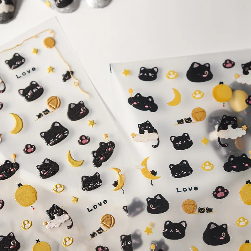 Adorável lua estrelas gato dos desenhos animados 5d em relevo relevos auto adesivo decoração da arte do prego adesivos bonito 3d manicure decalques atacado