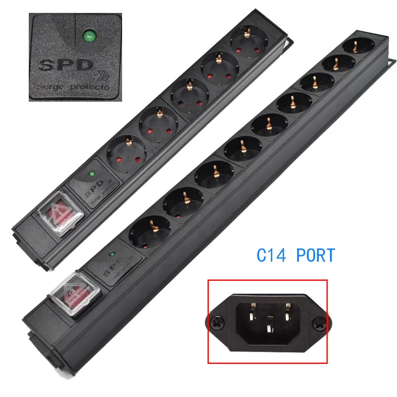 C14 port PDU Power Strip board Distribution Cabinet 2-10 Way German Socket Break Switch Aluminum alloy shell Surge protection