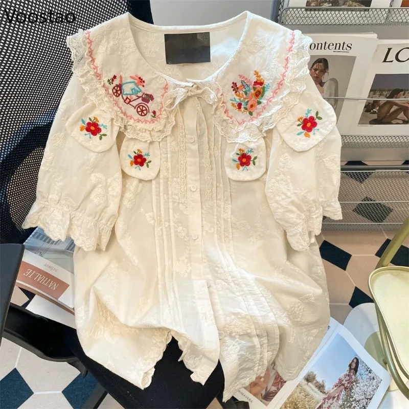 

Japanese Kawaii Lolita Shirt Women Vintage Cartoon Embroidery Peter Pan Collar Harajuku Blouse Mori Girl Sweet Short Sleeve Tops