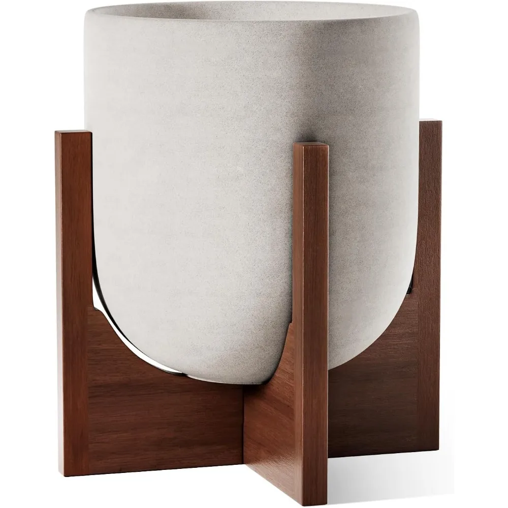 

10 Inch Planter with Acacia Wood Stand, Ceramic Planters for Indoor Plants, Unique Plant Pots Indoor for Home Decor, Cy