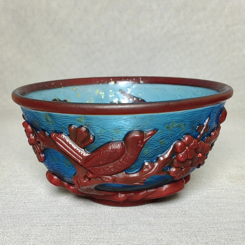 YIZHU CULTUER ART Size 12.7×6.6cm Chinese Old Beijing Glaze Carving Exquisite Flowers and Birds Statue Bowl Decoration Antique