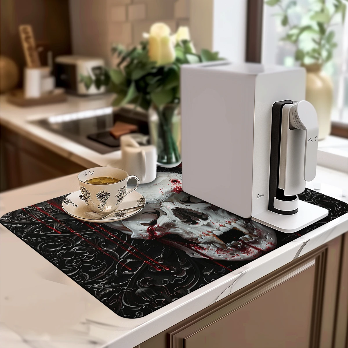 Absorbent Coffee Mat Dish Draining Mat Halloween Skull Kitchen Drying Mat Quick Dry Bathroom Drain Pad Kitchen Faucet Placemat