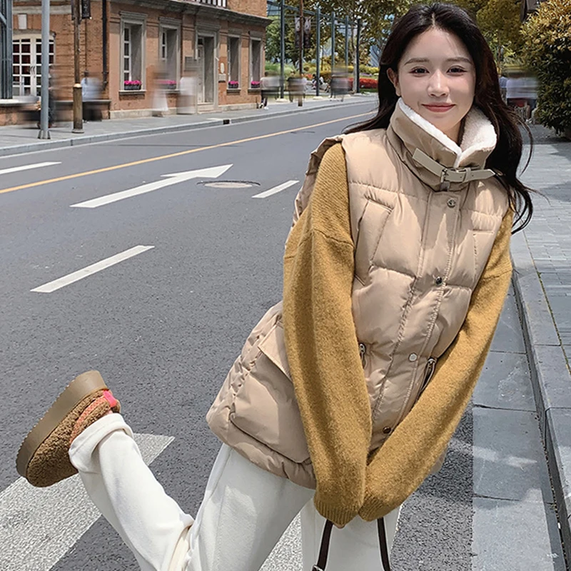 Y2K Große Tasche Ärmellose Baumwolle Weste Frauen Herbst Winter Lamm Wolle Patchwork Westen Mantel Beliebte Streetwear Unten-Baumwolle Jacke