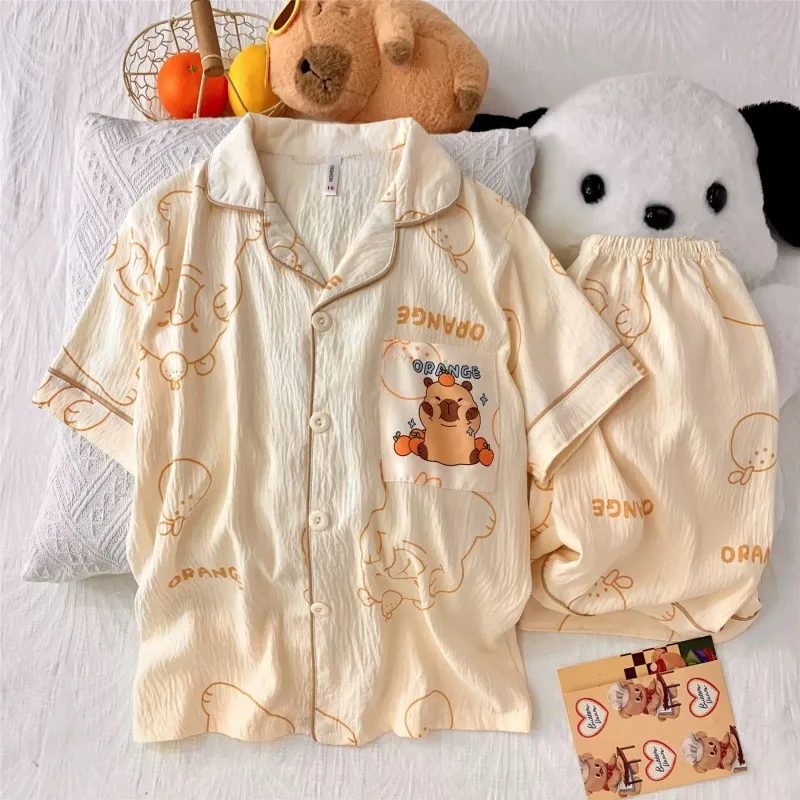 

2 шт., футболка с рисунком Hello Kitty, шорты, летние пижамы Sanrio с героями мультфильмов, детские пижамы для девочек, милые свободные удобные пижамы для девочек, домашняя одежда, новинка лета