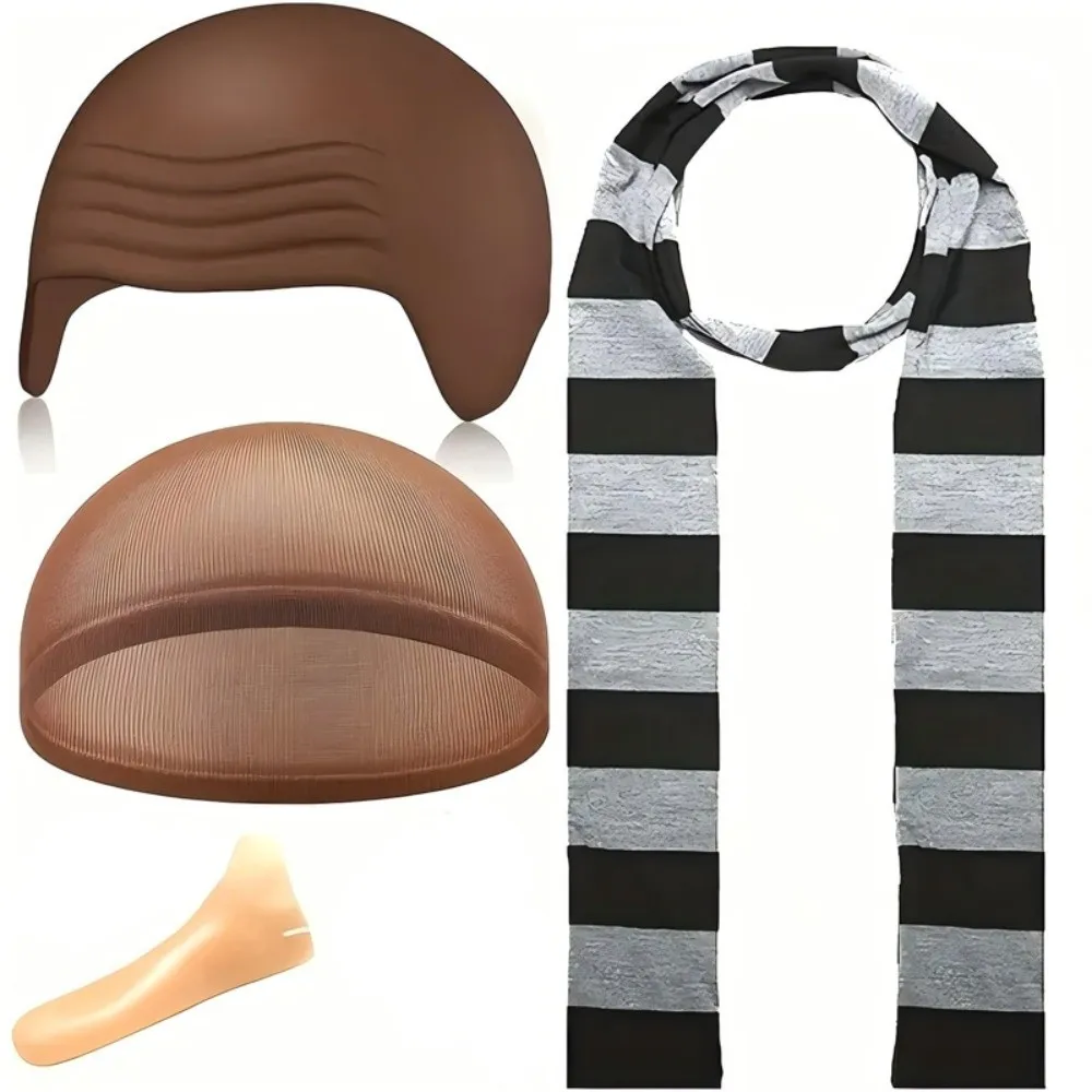 

4pcs Despicable Me Gru Cos Kits Black Gray Striped Scarf Bald Cap Halloween Costume Accessories Fake Nose Cosplay Set for Adult