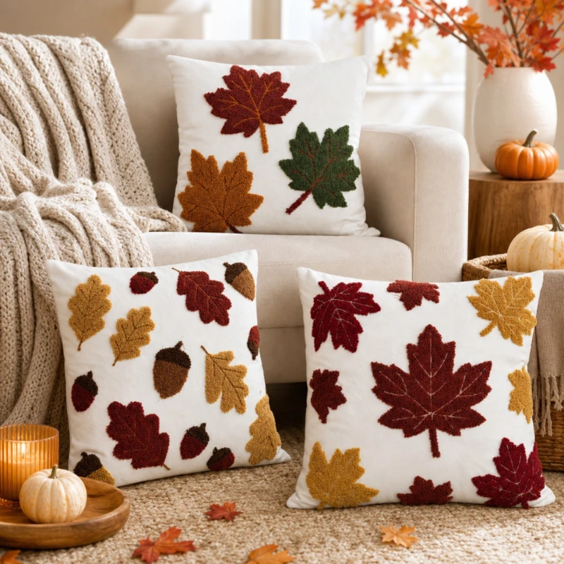 45X45CM Autumn Maple Leaf Throw Pillow Cover Homestay Embroidered Stamping Waist Cushion Cover Decor Home Decorative Pillowcase