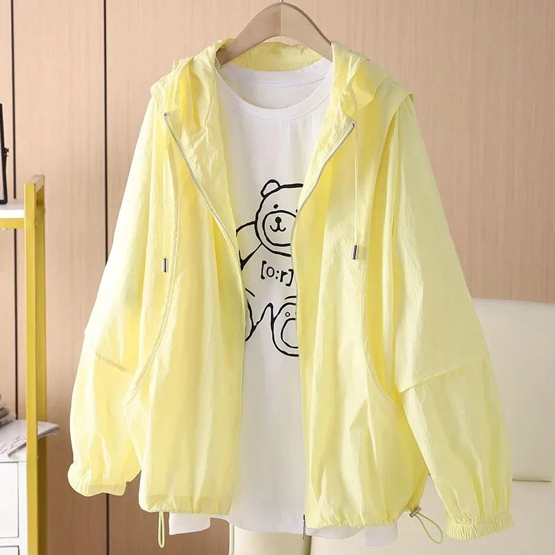 Simple Female Summer Leisure Versatile Hooded Sunscreen Tops  Jacket Women Solid Color Loose Fit Hooded Sunscreen Flothing Coat