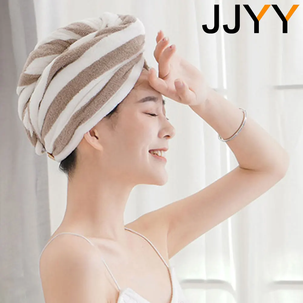 JJYY Microfiber Strong Absorbent Microfiber Dry Hair Towel Absorbent Quick Dry Striped Shower Cap  Bathroom Accessories