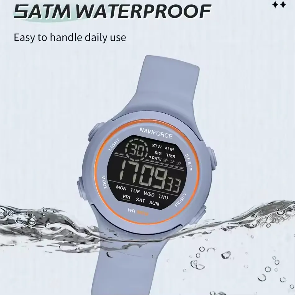 NAVIFORCE 7119 ساعة إلكترونية عصرية للنساء تقويم كاجوال ساعات مضيئة مقاومة للماء رياضية للسيدات LED ساعة يد رقمية