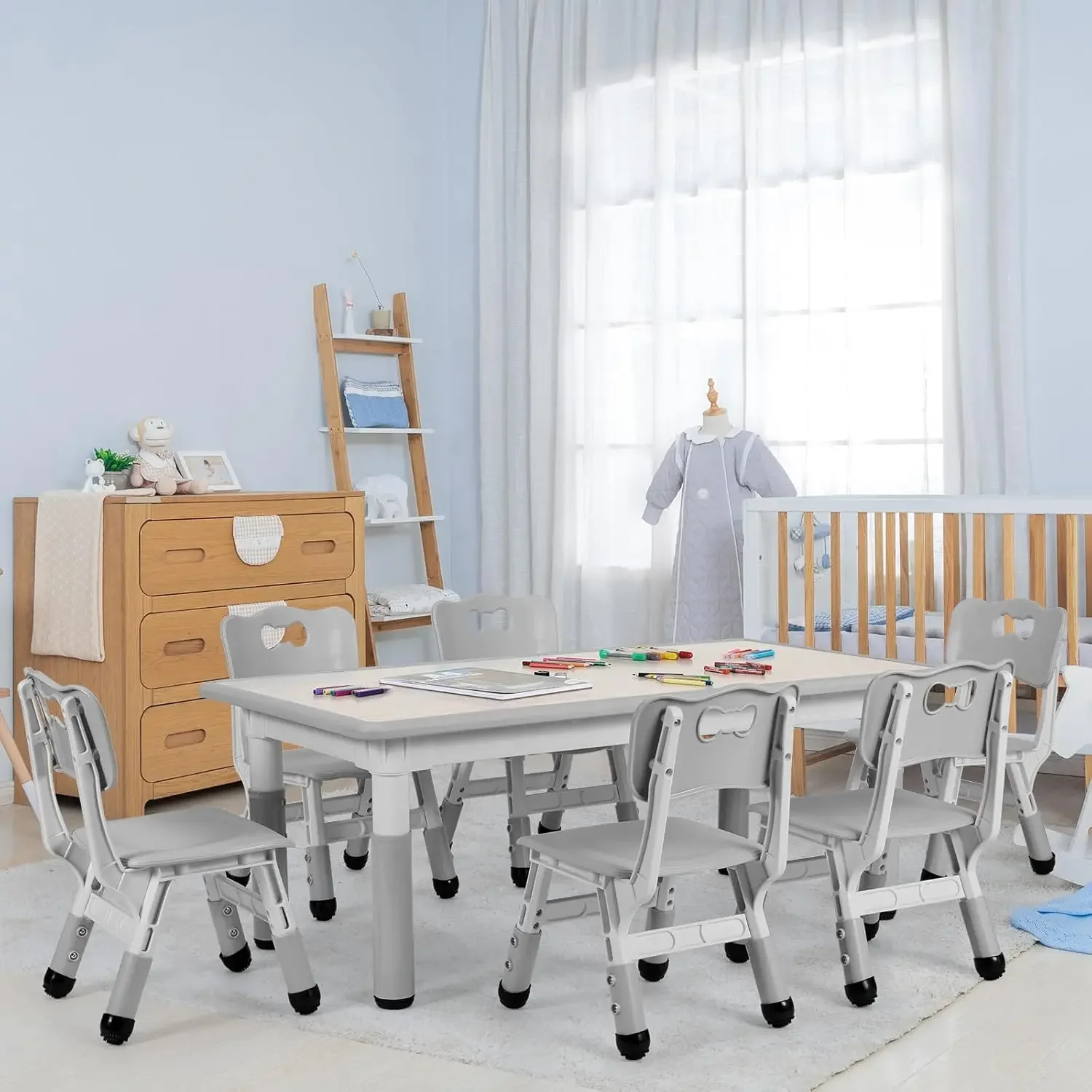 Kids Study Table and 6 Chairs Set, Height Adjustable Graffiti Table, Preschool Activity Art Craft Table for 6, Multifunct