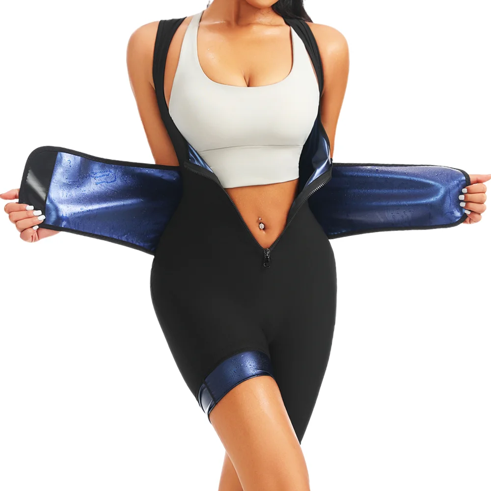 Women Hot Thermo Sweating Bodysuits Fat Burning One Piece Sauna Suits Weight Loss Jumpsuits Fitness Workout Thigh Trimmer Shorts