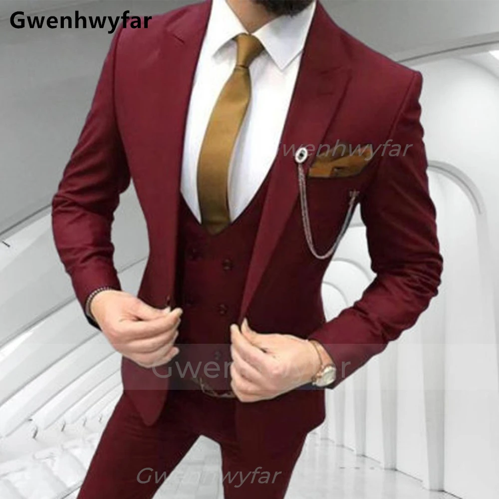 

Gwenhwyfar 3 Pieces Burgundy Slim Fit Men Suits Casual Style Wedding Tuxedo Groom Male Fashion Jacket Pants Double Breasted Vest