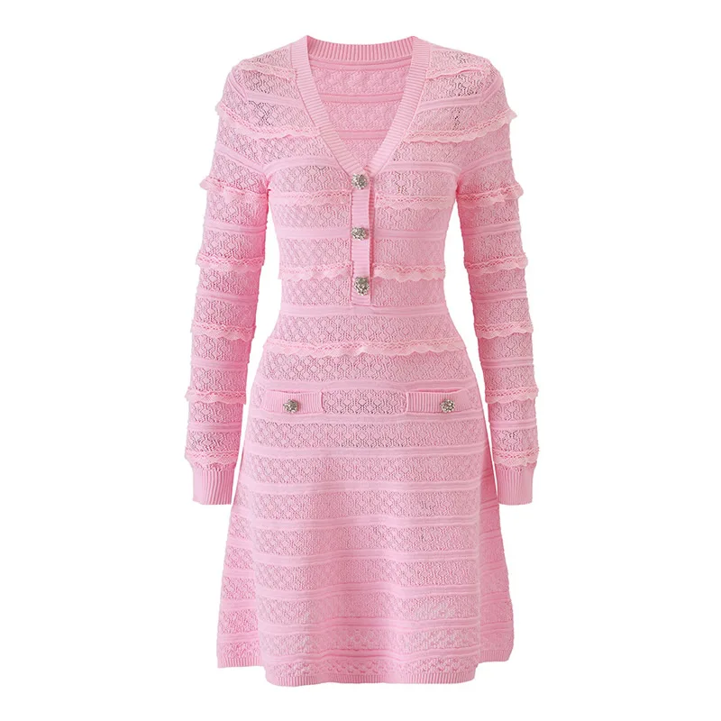 Women Pink V-Neck Dress Long Sleeve A-Line Mini Dress