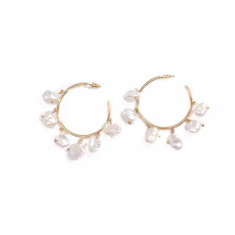 Statement Classic Niche Design C-ring Earrings Brass Gold-plated Natural Freshwater Pearl Tassels Exaggerated Big Hoops