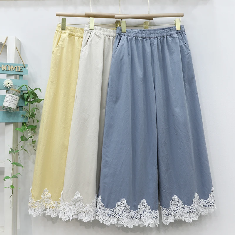 

Summer New Japanese Sweet Mori Girl Lace Patchwork Wide Leg Pants Women Solid Color Elastic Waist Casual Loose Straight Pants