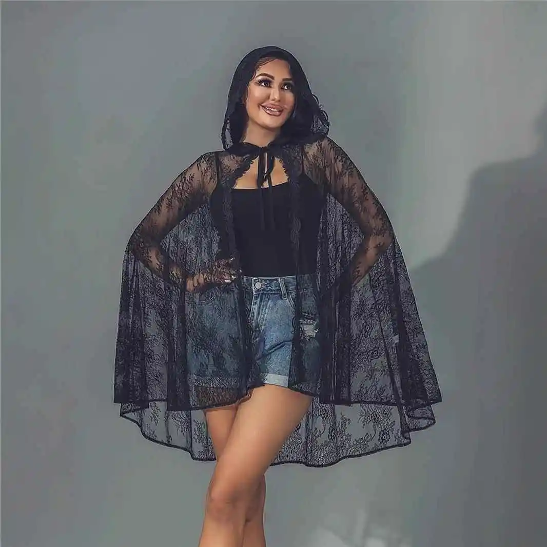 

loween Witch Bla Hooded Lace irt Me oulder Wrap Ruffled Floral Pattern Pure Color Loose Fit Svel Cardigan