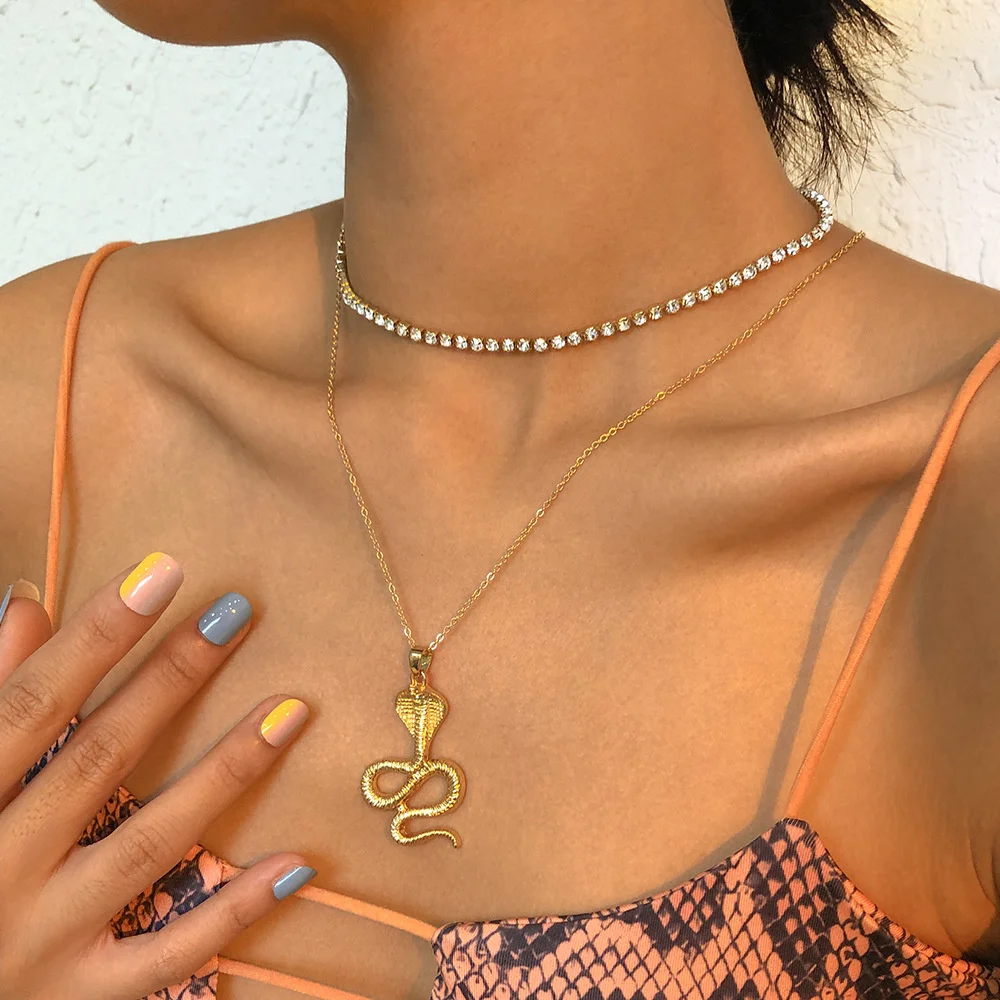 Fashion New Vintage Boho Gold-plate Crystal Chain Cobra Pendant Necklace For Women Female Multilevel Long Chains Snake Jewelry