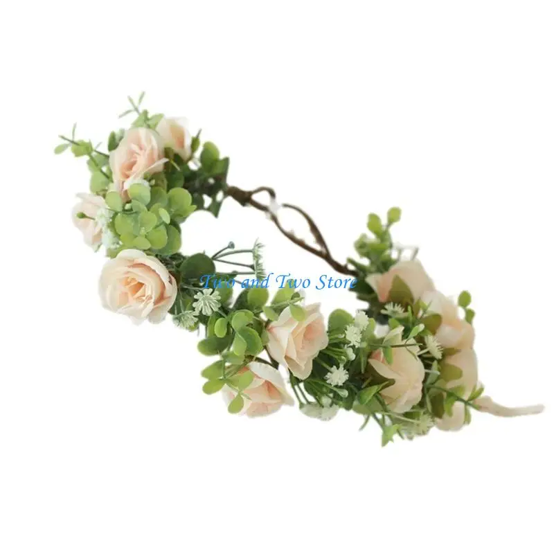 HX6F 花嫁のウェディングヘッドバンドボヘミアンクラウン花輪リアルなフラワーリースかぶと